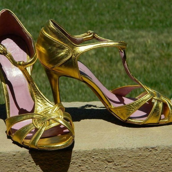 BCBG Max Azria Gold Metalic Leather MaryJane Strappy Spike Heel Sandal Shoes 8.5 - Picture 4 of 10